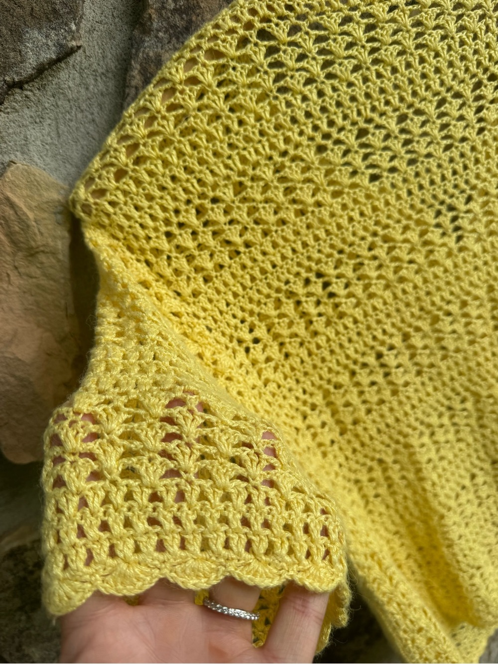 Vintage Yellow Crochet Knit Button-Front Short Sleeve Cardigan M Cross Stitch - Picture 9 of 15